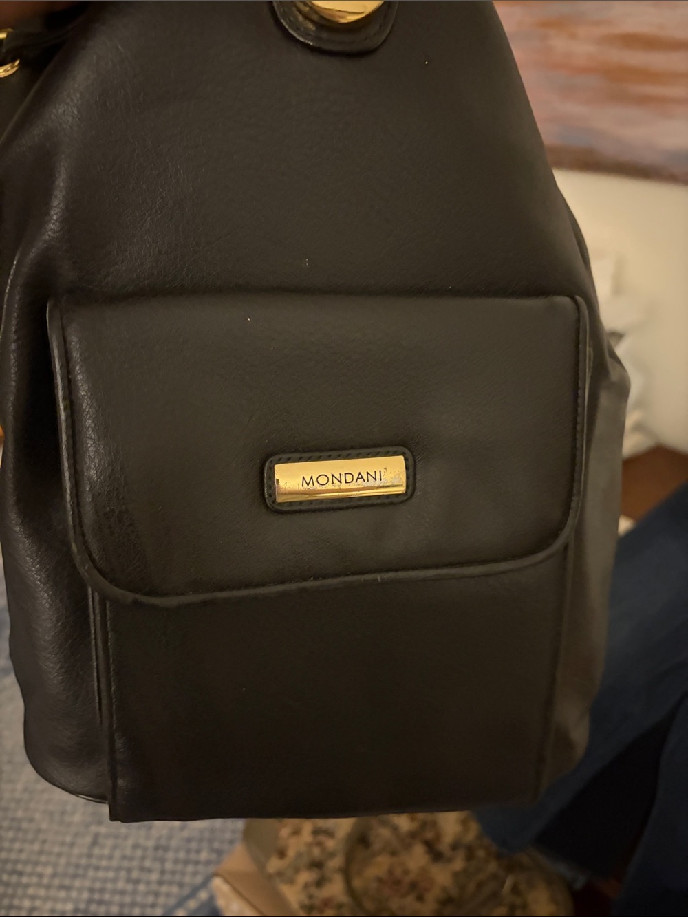 Mondani Black Simulated Leather Drawstring Backpack/Sling Bag with Gold Plaque